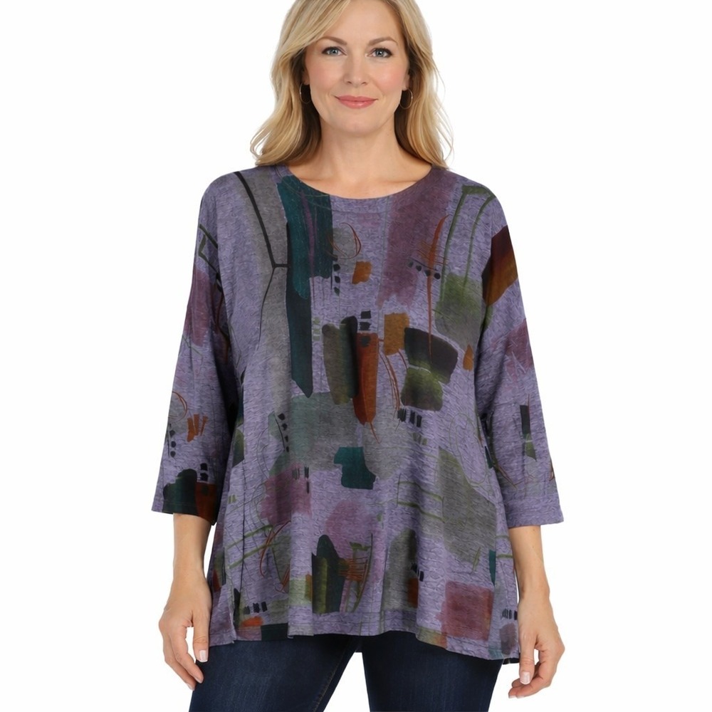 Jess & Jane Abstract Tunic Top Women L Purple 3/4 Sleeve Stretch Artwear Relaxed